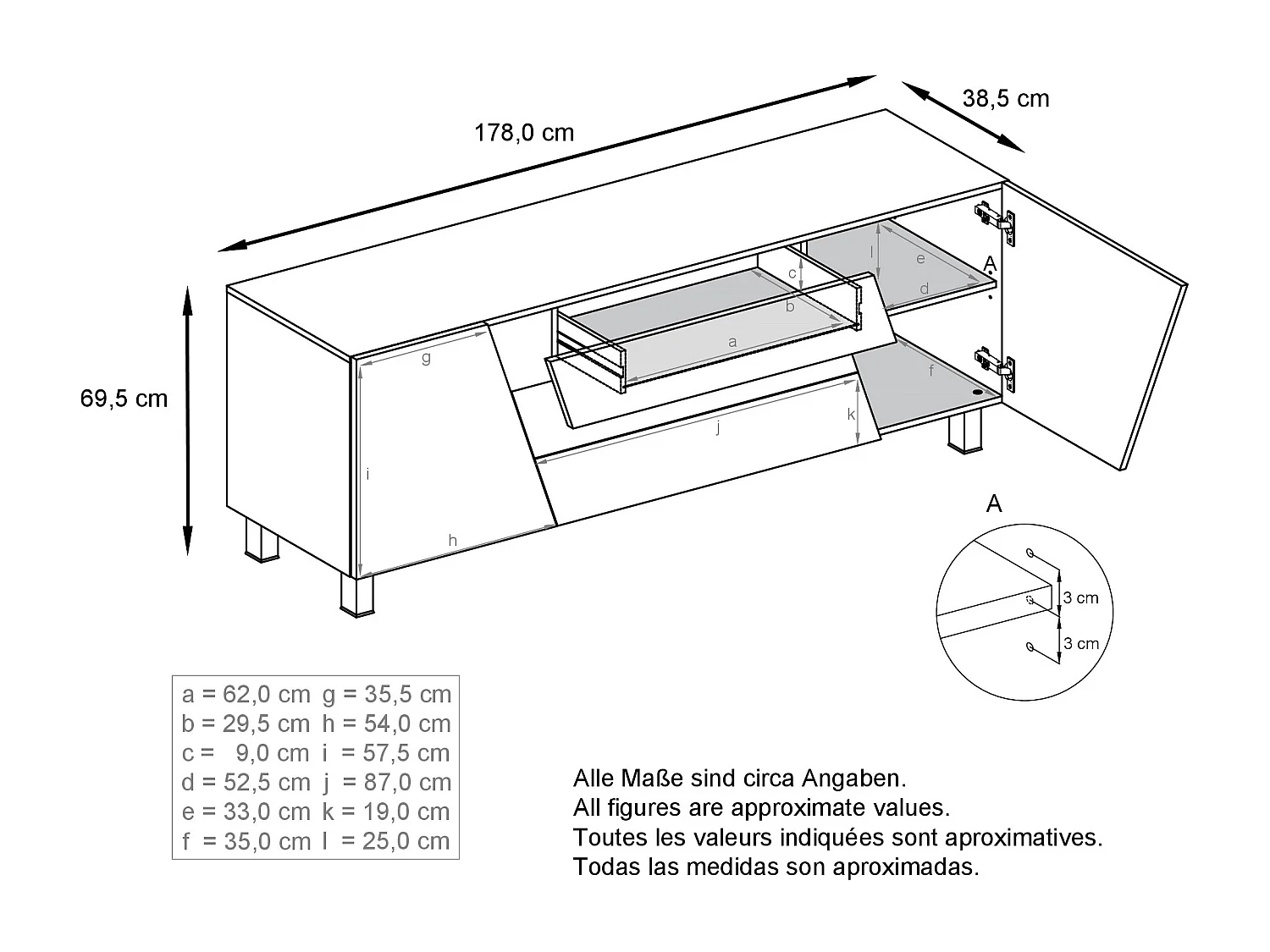 Vladon madia Houston, credenza a 2 ante e 3 cassetti, mobile bianco opaco, frontali bianco opaco (178 x 57,5 x 38,5 cm)
