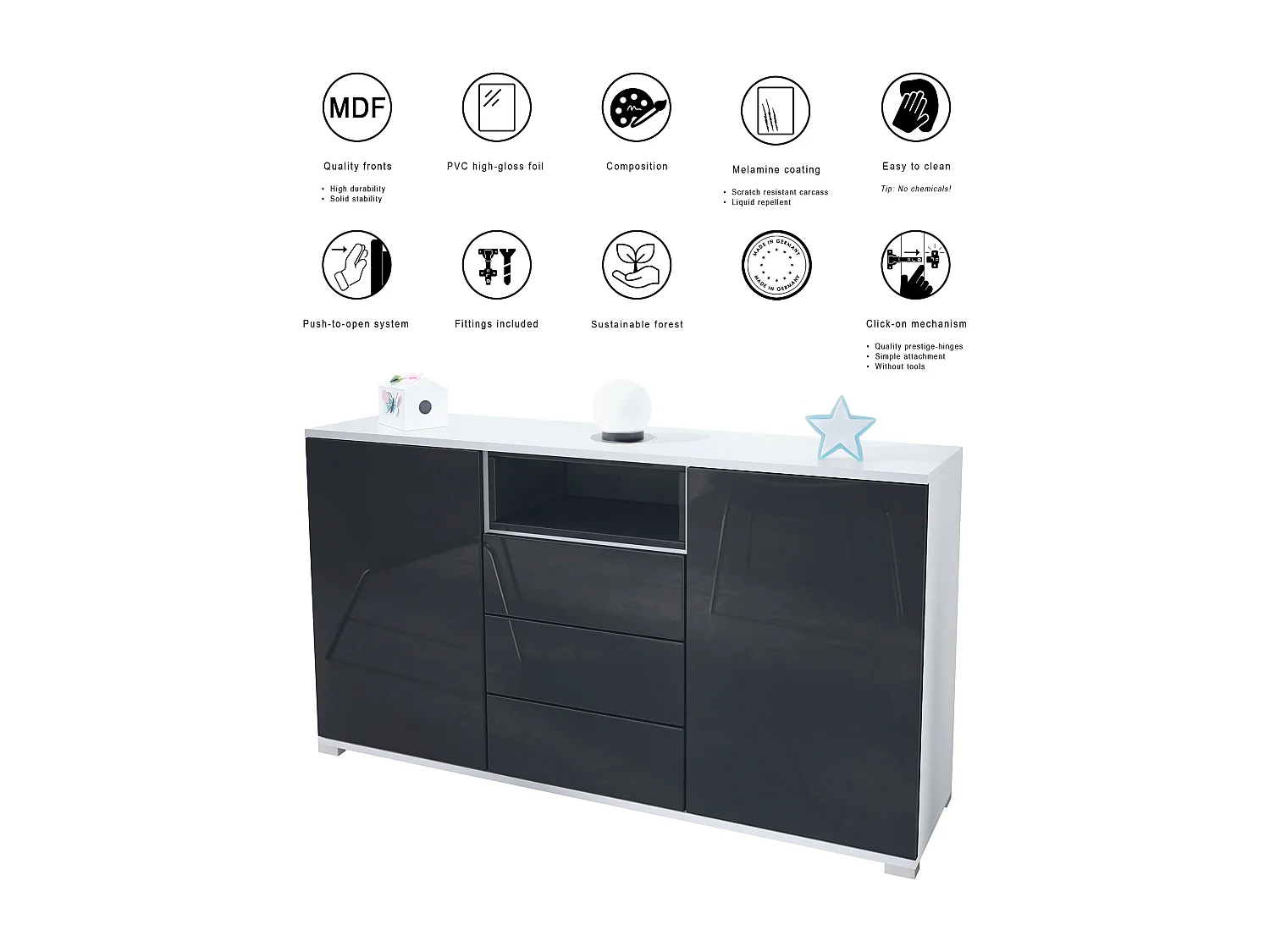Skadu V2 Buffet, Commode avec 2 portes, 3 tiroirs et 1 compartiment ouvert, blanc mat/noir haute brillance (138,5 x 75,5 x 35 cm)