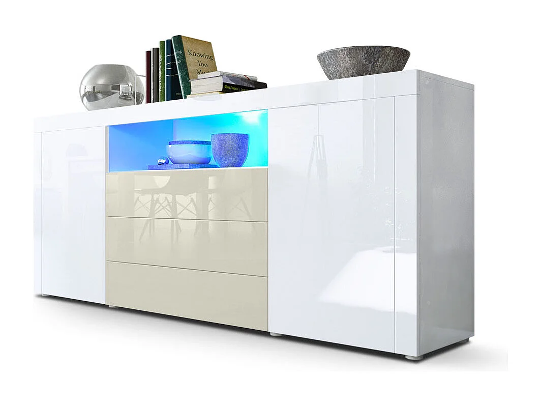 Sideboard Santiago, blanc haute brillance/crème haute brillance - Modern chest of drawers for your living area - (WxHxD) 167 x 72 x 35 cm
