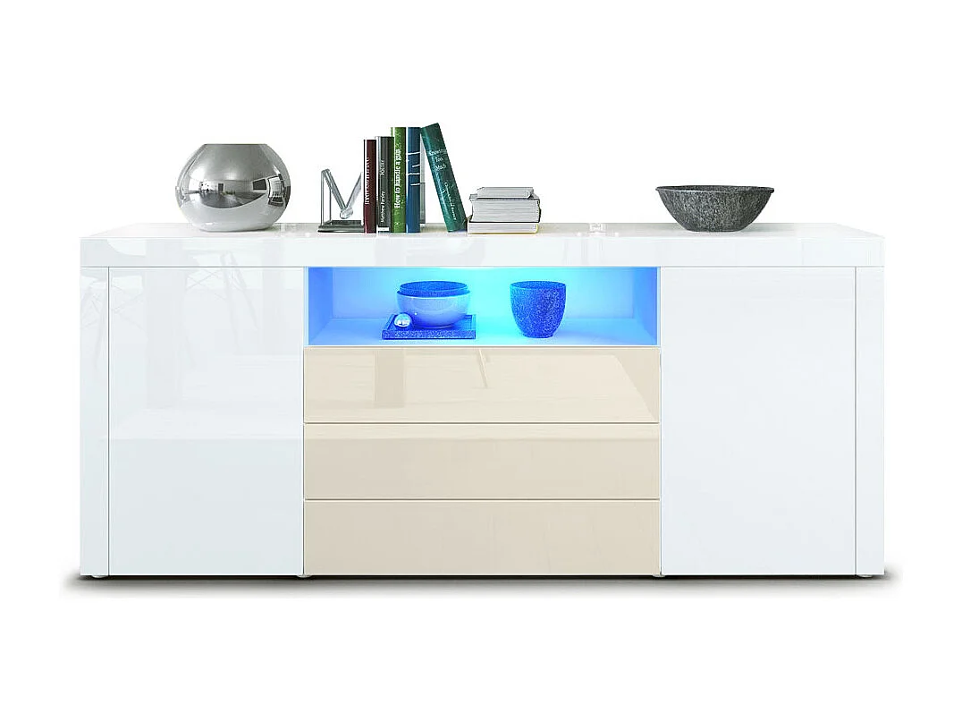 Sideboard Santiago, blanc haute brillance/crème haute brillance - Modern chest of drawers for your living area - (WxHxD) 167 x 72 x 35 cm