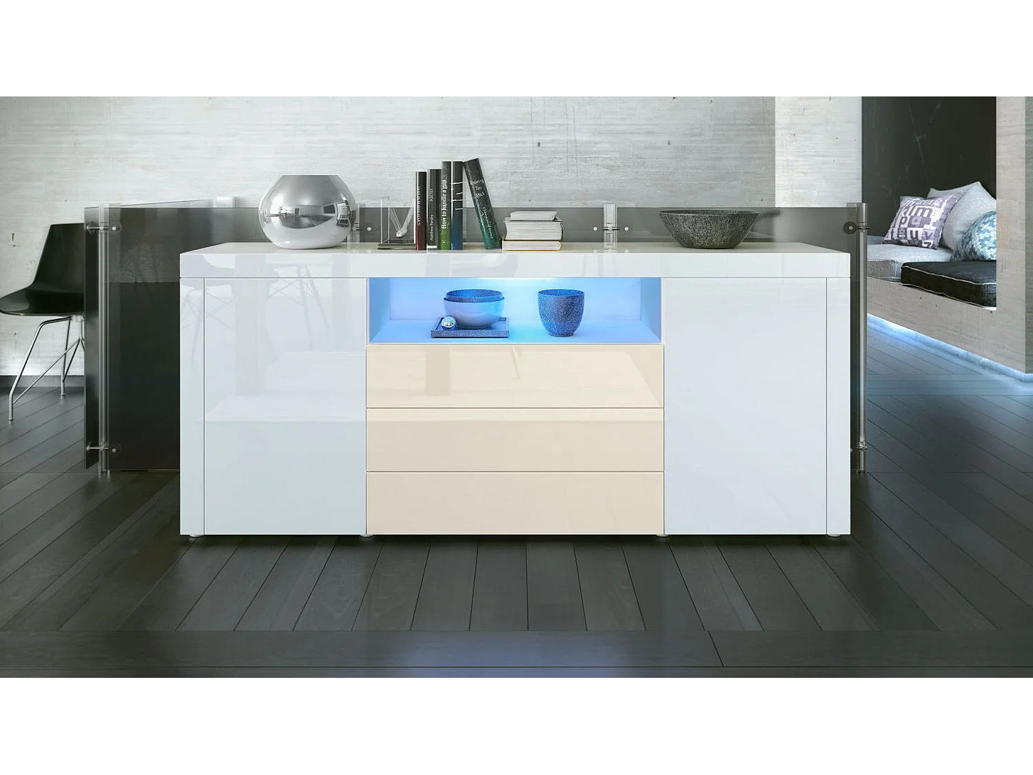 Sideboard Santiago, blanc haute brillance/crème haute brillance - Modern chest of drawers for your living area - (WxHxD) 167 x 72 x 35 cm