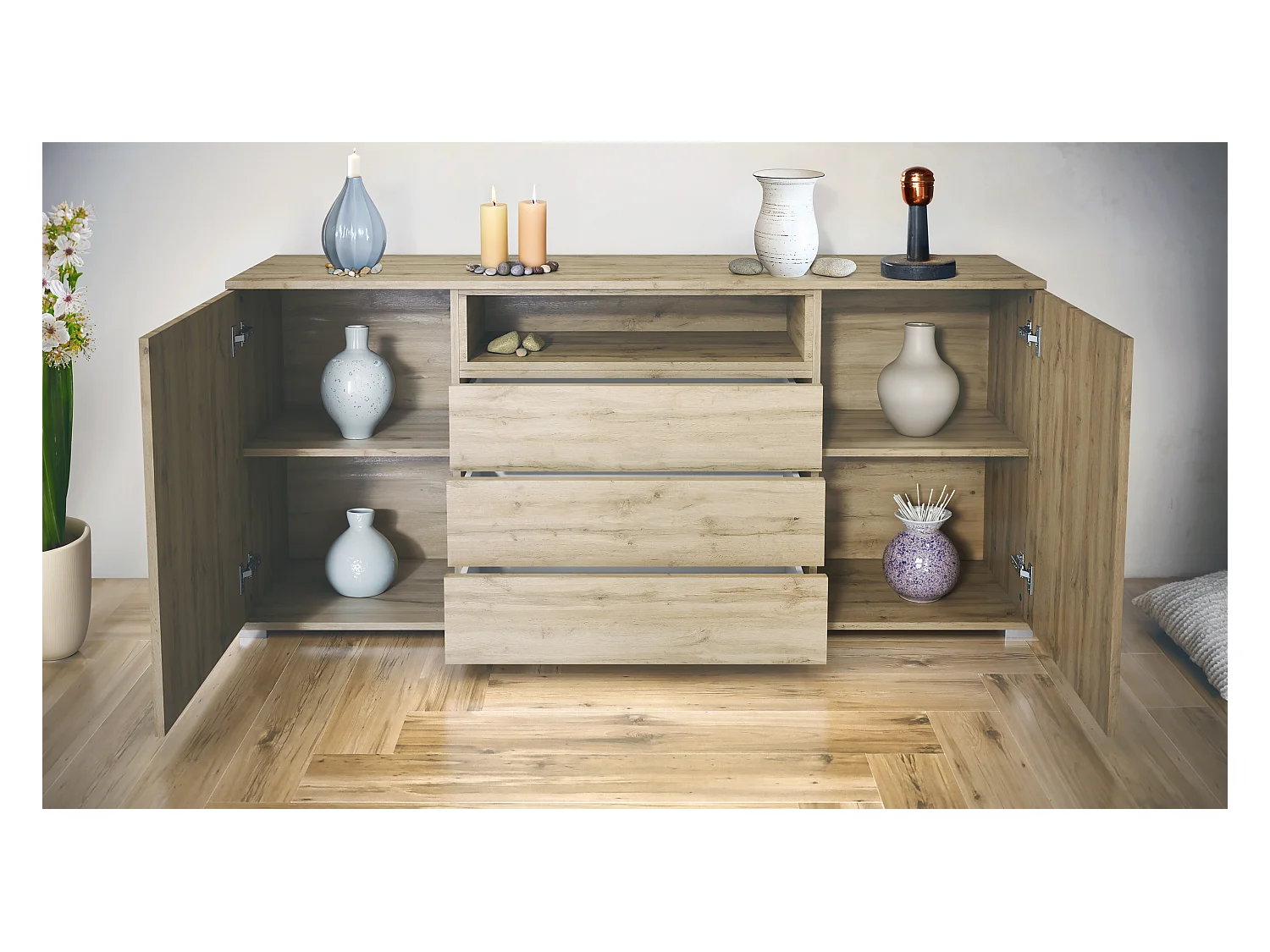 Skadu V4 Buffet, Commode avec 2 portes, 3 tiroirs et 1 compartiment ouvert, Chêne Evoke/noir haute brillance (166,5 x 75,5 x 35 cm)