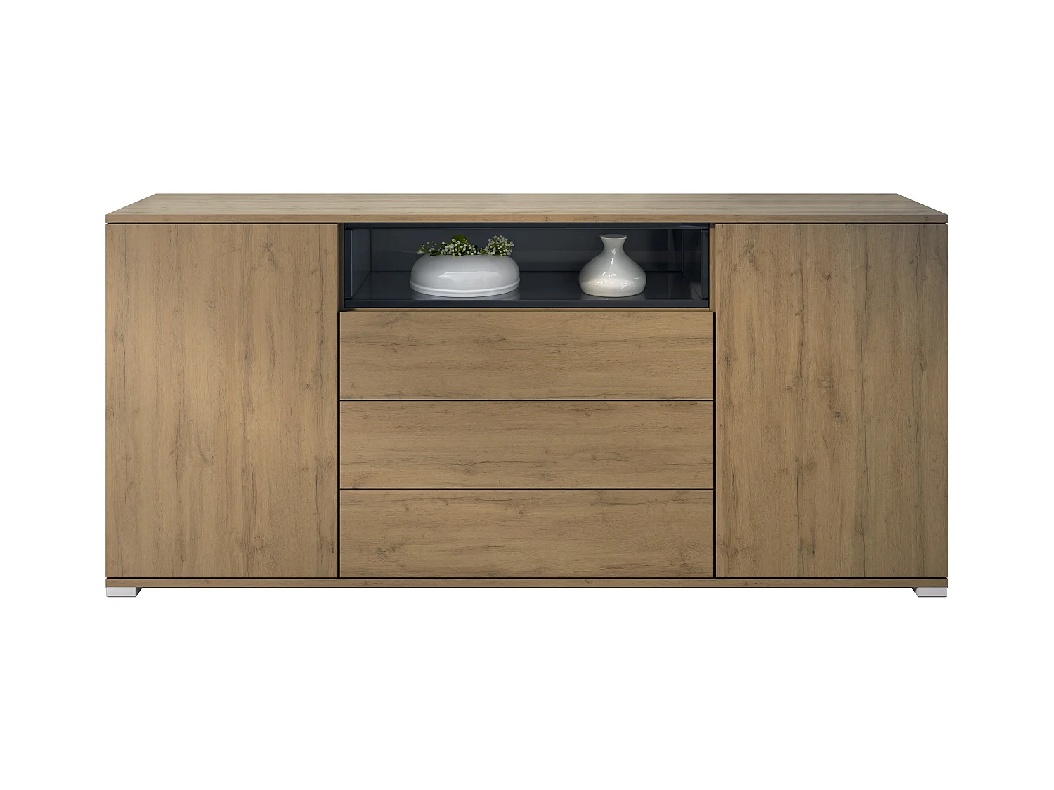 Skadu V4 Buffet, Commode avec 2 portes, 3 tiroirs et 1 compartiment ouvert, Chêne Evoke/noir haute brillance (166,5 x 75,5 x 35 cm)