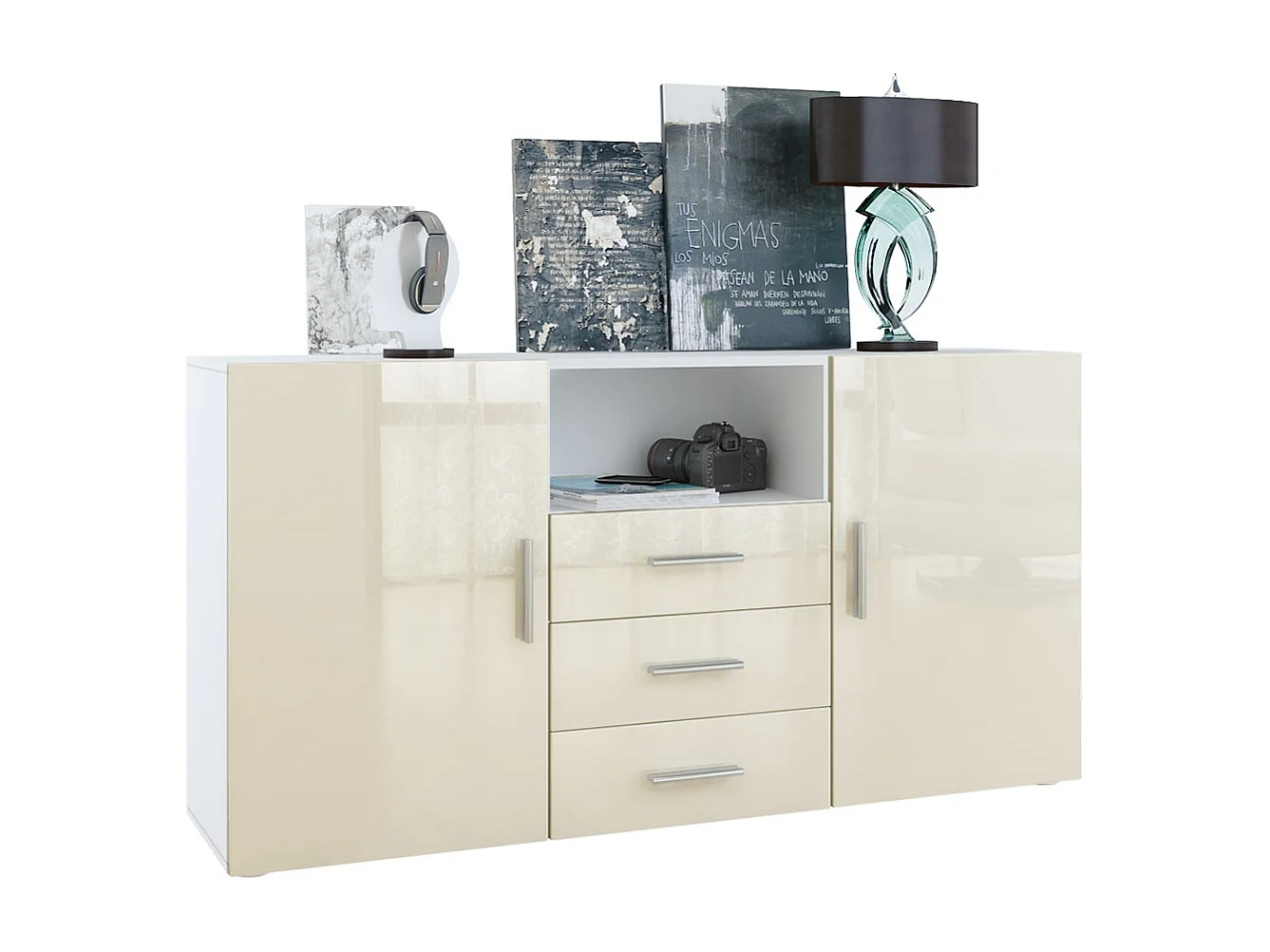 Buffet Skadu, Commode avec 2 portes, 3 tiroirs et 1 compartiment ouvert, blanc mat/crème haute brillance (138,5 x 71,5 x 35 cm)