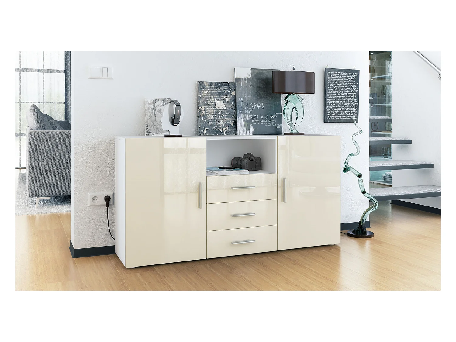 Buffet Skadu, Commode avec 2 portes, 3 tiroirs et 1 compartiment ouvert, blanc mat/crème haute brillance (138,5 x 71,5 x 35 cm)