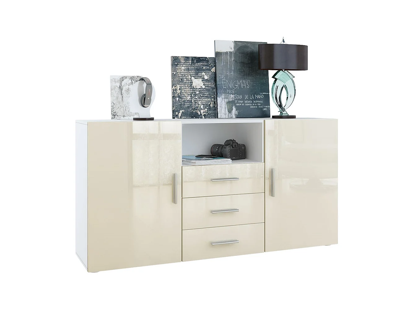 Buffet Skadu, Commode avec 2 portes, 3 tiroirs et 1 compartiment ouvert, blanc mat/crème haute brillance (138,5 x 71,5 x 35 cm)