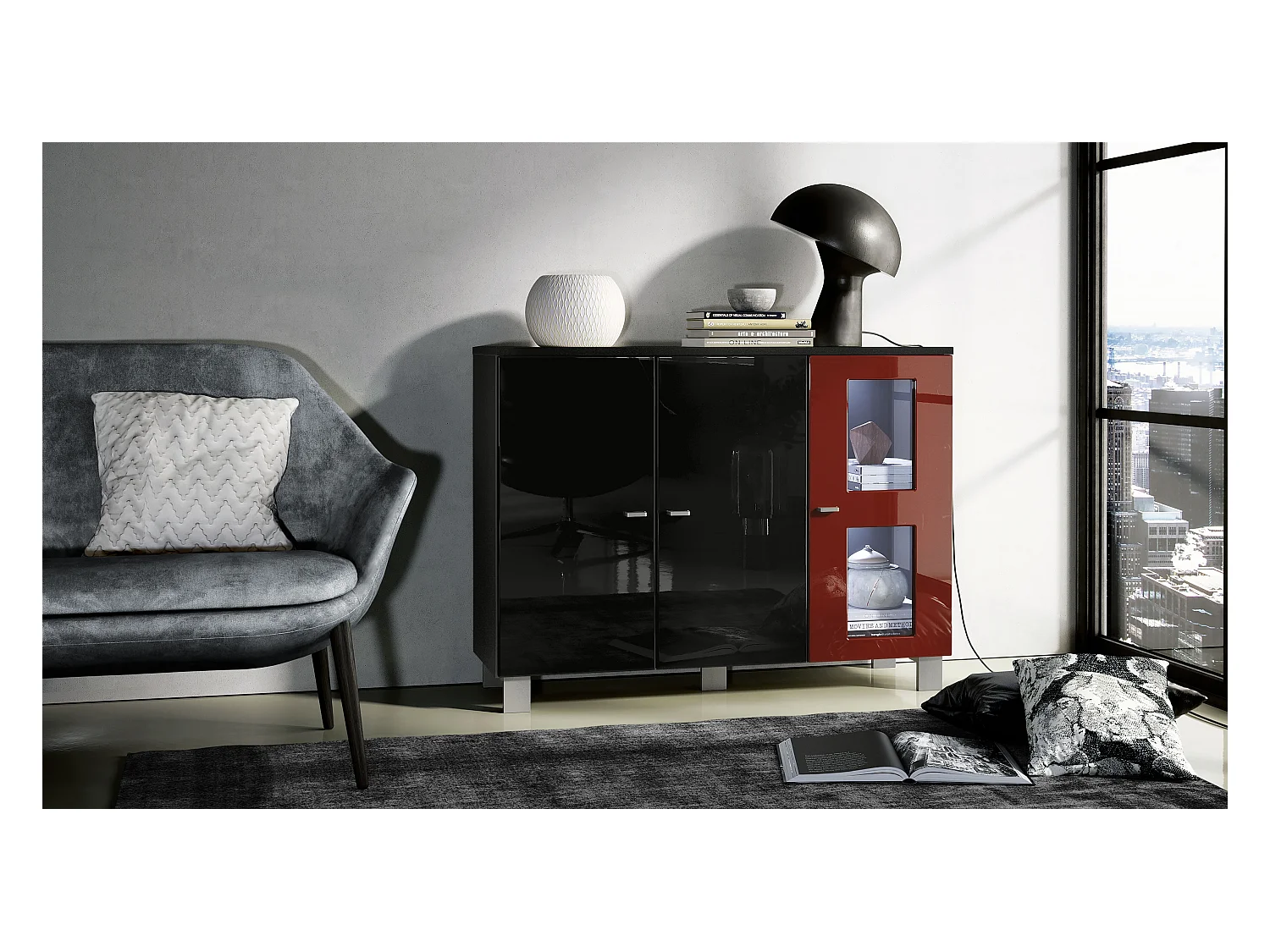 Buffet Denjo, Commode avec 3 portes, Noir mat/Noir haute brillance/Bordeaux haute brillance, éclairage LED inclus (107 x 81 x 35 cm)