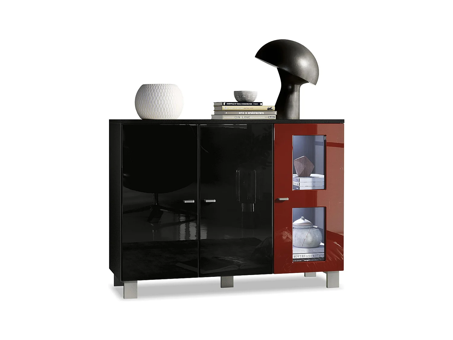 Buffet Denjo, Commode avec 3 portes, Noir mat/Noir haute brillance/Bordeaux haute brillance, éclairage LED inclus (107 x 81 x 35 cm)