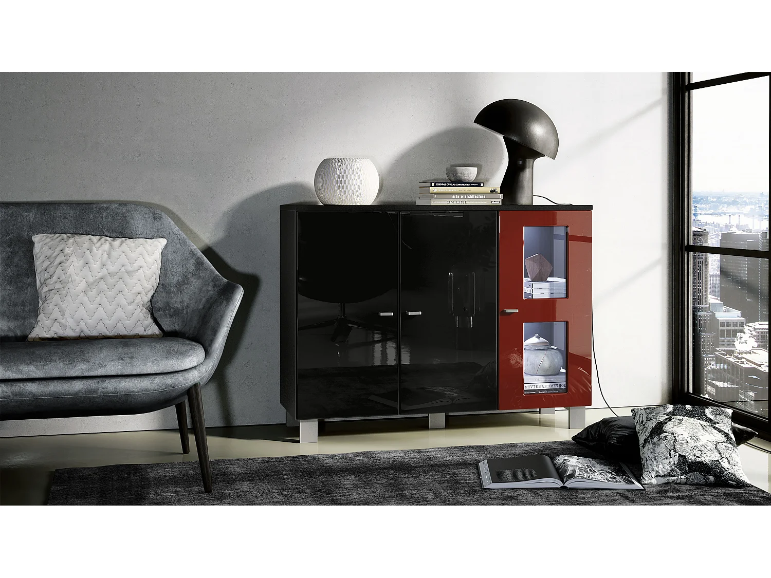 Buffet Denjo, Commode avec 3 portes, Noir mat/Noir haute brillance/Bordeaux haute brillance, éclairage LED inclus (107 x 81 x 35 cm)