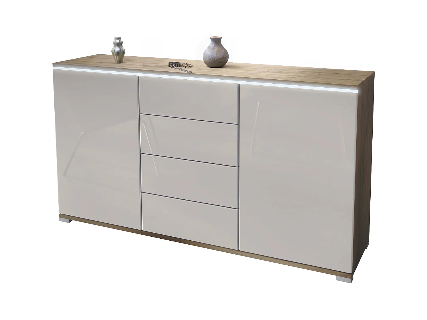 Buffet Faro V1 – Meuble avec 2 Portes & 4 Tiroirs, Armoire avec Bande LED Lumineuse, Chêne Evoke / gris sable haute brillance (138,5 x 75,5 x 35)