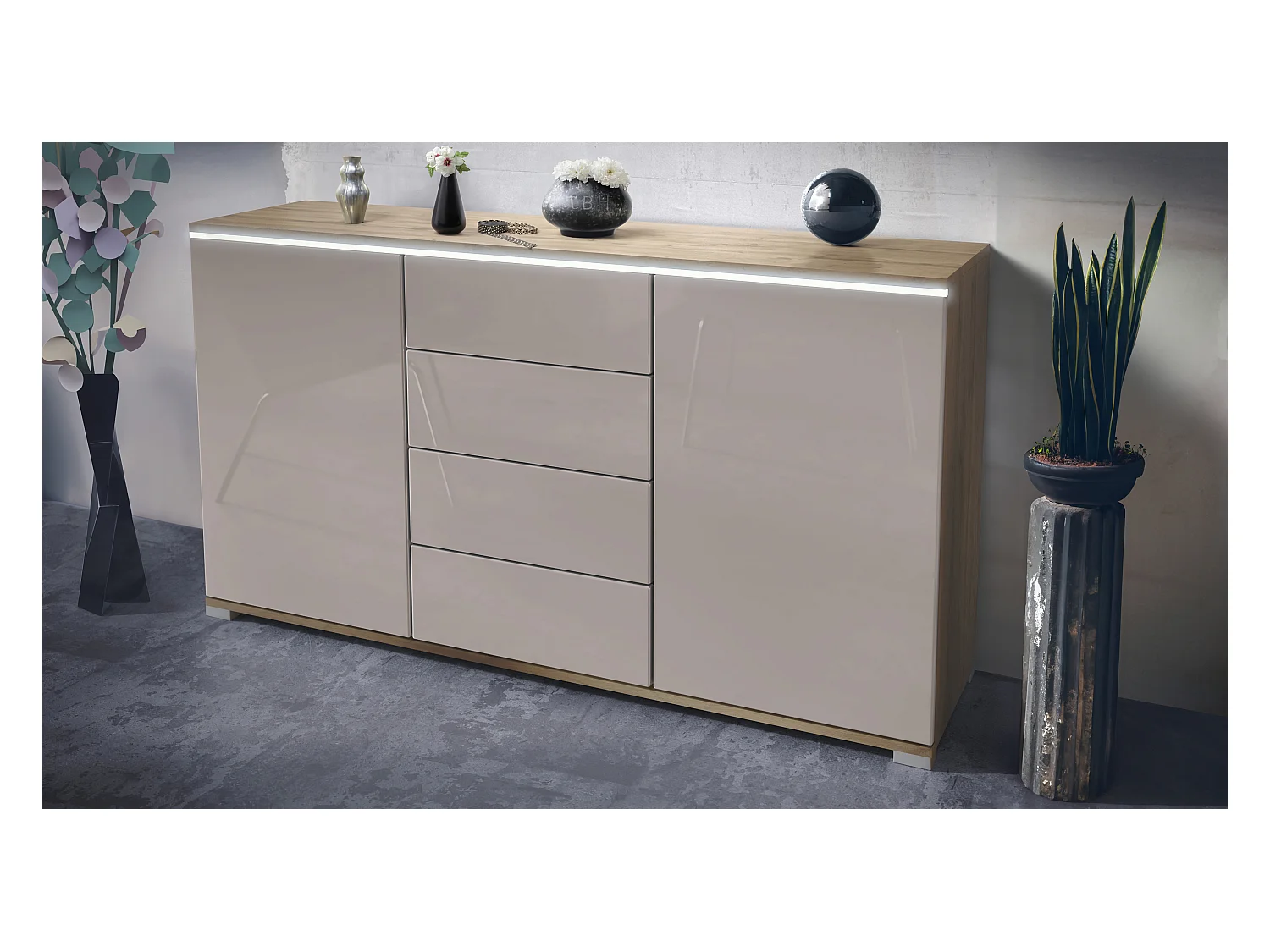 Buffet Faro V1 – Meuble avec 2 Portes & 4 Tiroirs, Armoire avec Bande LED Lumineuse, Chêne Evoke / gris sable haute brillance (138,5 x 75,5 x 35)