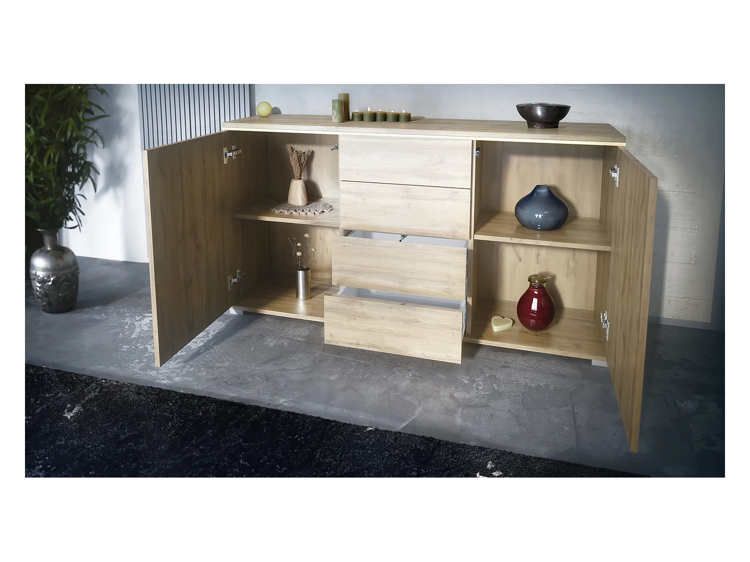 Buffet Faro V1 – Meuble avec 2 Portes & 4 Tiroirs, Armoire avec Bande LED Lumineuse, Chêne Evoke / gris sable haute brillance (138,5 x 75,5 x 35)