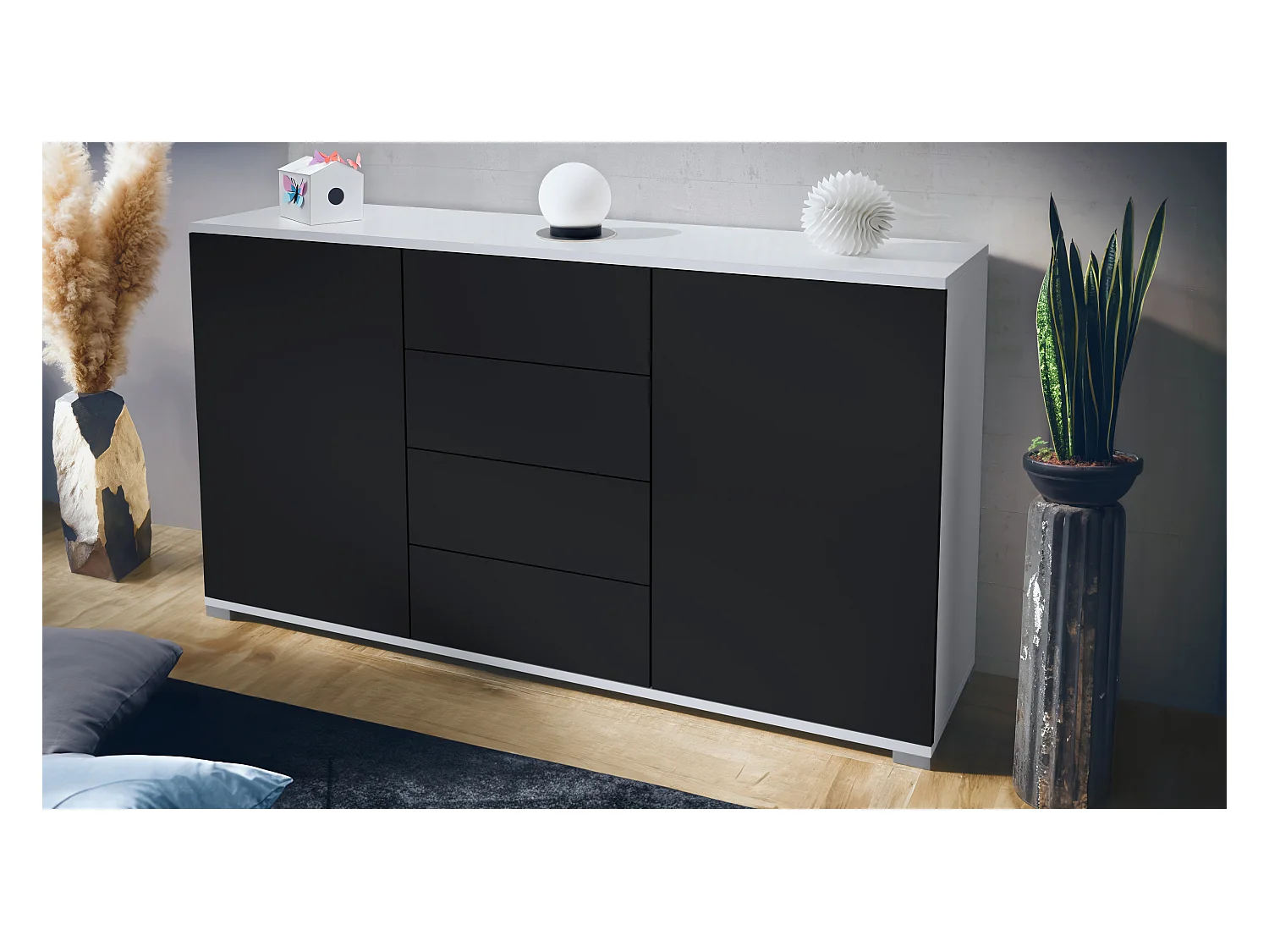 Buffet Santo V1, Enfilade avec 2 portes et 4 tiroirs, blanc mat / noir mat (138,5 x 75,5 x 35 cm)