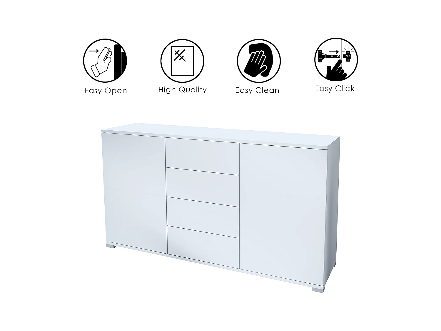 Buffet Santo V1, Enfilade avec 2 portes et 4 tiroirs, blanc mat / noir mat (138,5 x 75,5 x 35 cm)