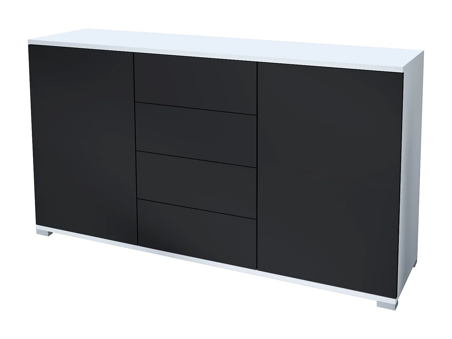 Buffet Santo V1, Enfilade avec 2 portes et 4 tiroirs, blanc mat / noir mat (138,5 x 75,5 x 35 cm)