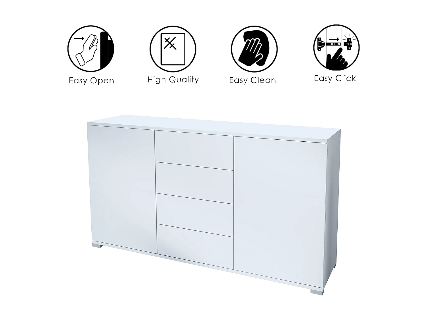 Buffet Santo V1, Enfilade avec 2 portes et 4 tiroirs, blanc mat / noir mat (138,5 x 75,5 x 35 cm)