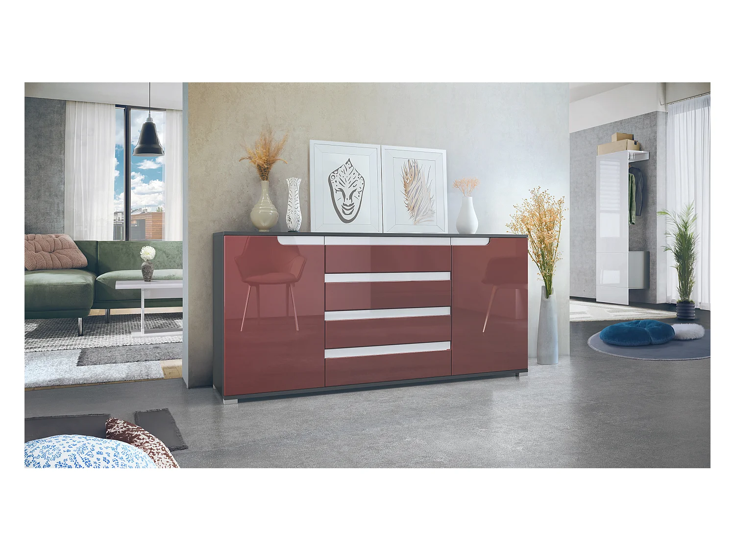 Buffet Sylt V2, Commode avec 2 Portes et 4 Tiroirs, Corps - anthracite mat / Façade - bordeaux haute brillance / Détails - Blanc brillant (166,5 x 75,5 x 35 cm)