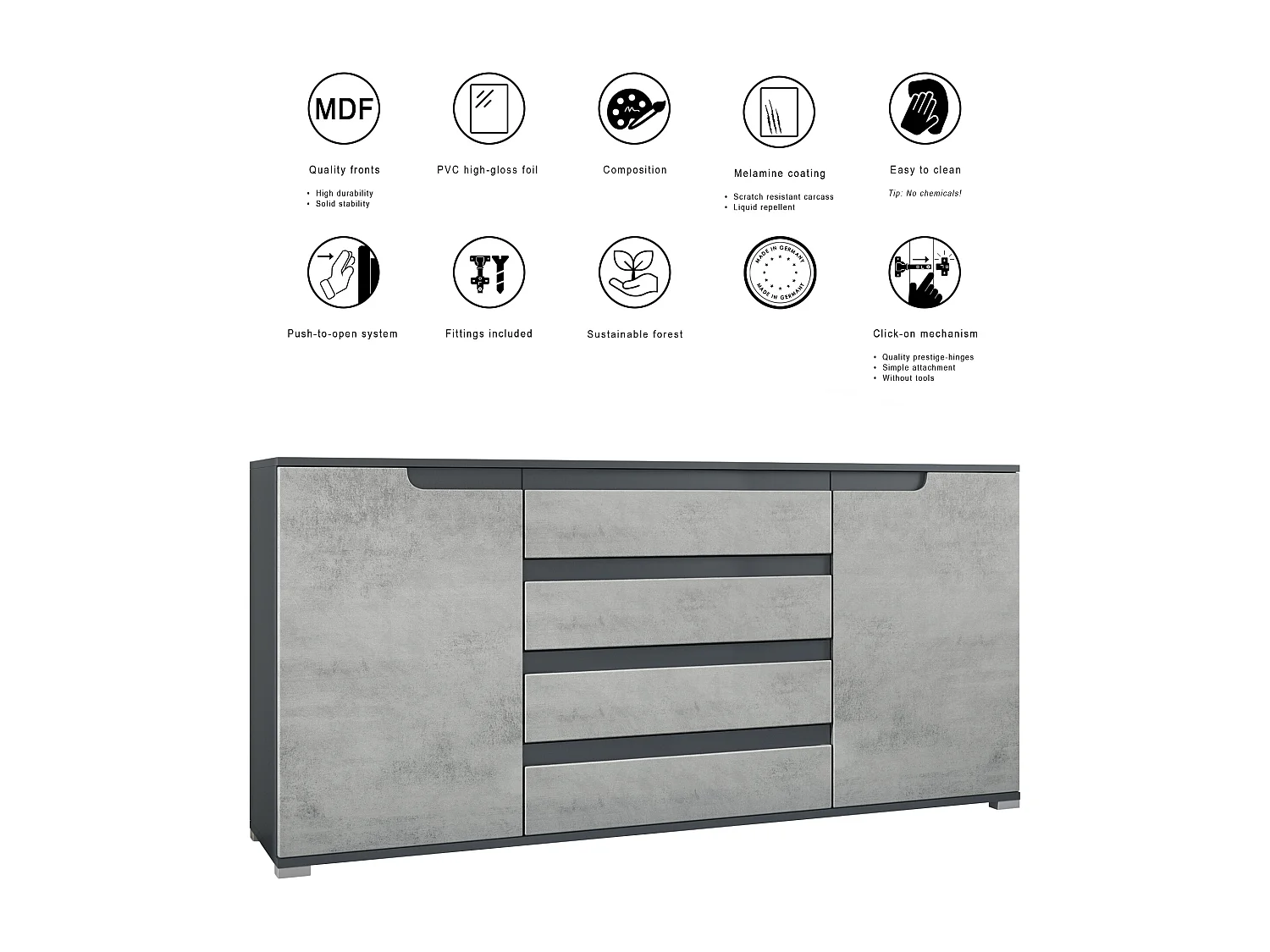 Buffet Sylt V2, Commode avec 2 Portes et 4 Tiroirs, Corps - anthracite mat / Façade - bordeaux haute brillance / Détails - Blanc brillant (166,5 x 75,5 x 35 cm)