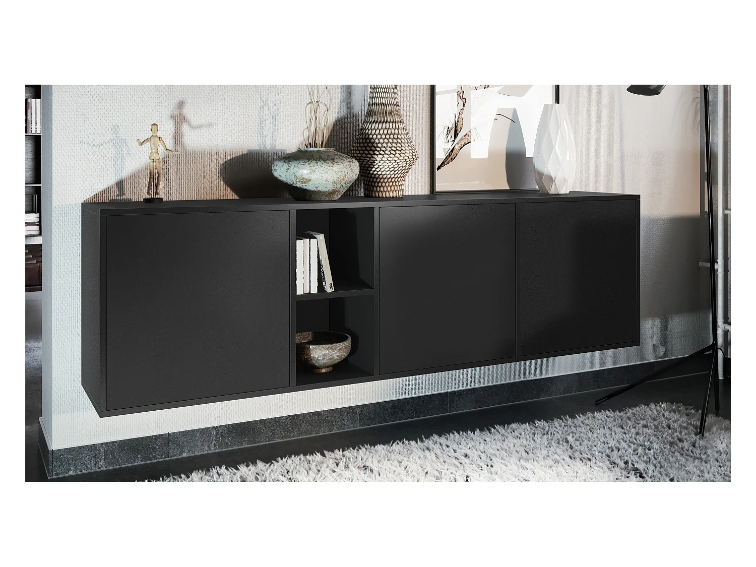 Commode Cuba - noir mat/noir mat - Buffet moderne pour votre salon - (LxHxP) 182x53x35 cm