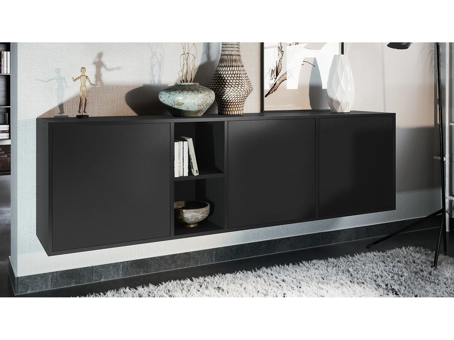 Commode Cuba - noir mat/noir mat - Buffet moderne pour votre salon - (LxHxP) 182x53x35 cm