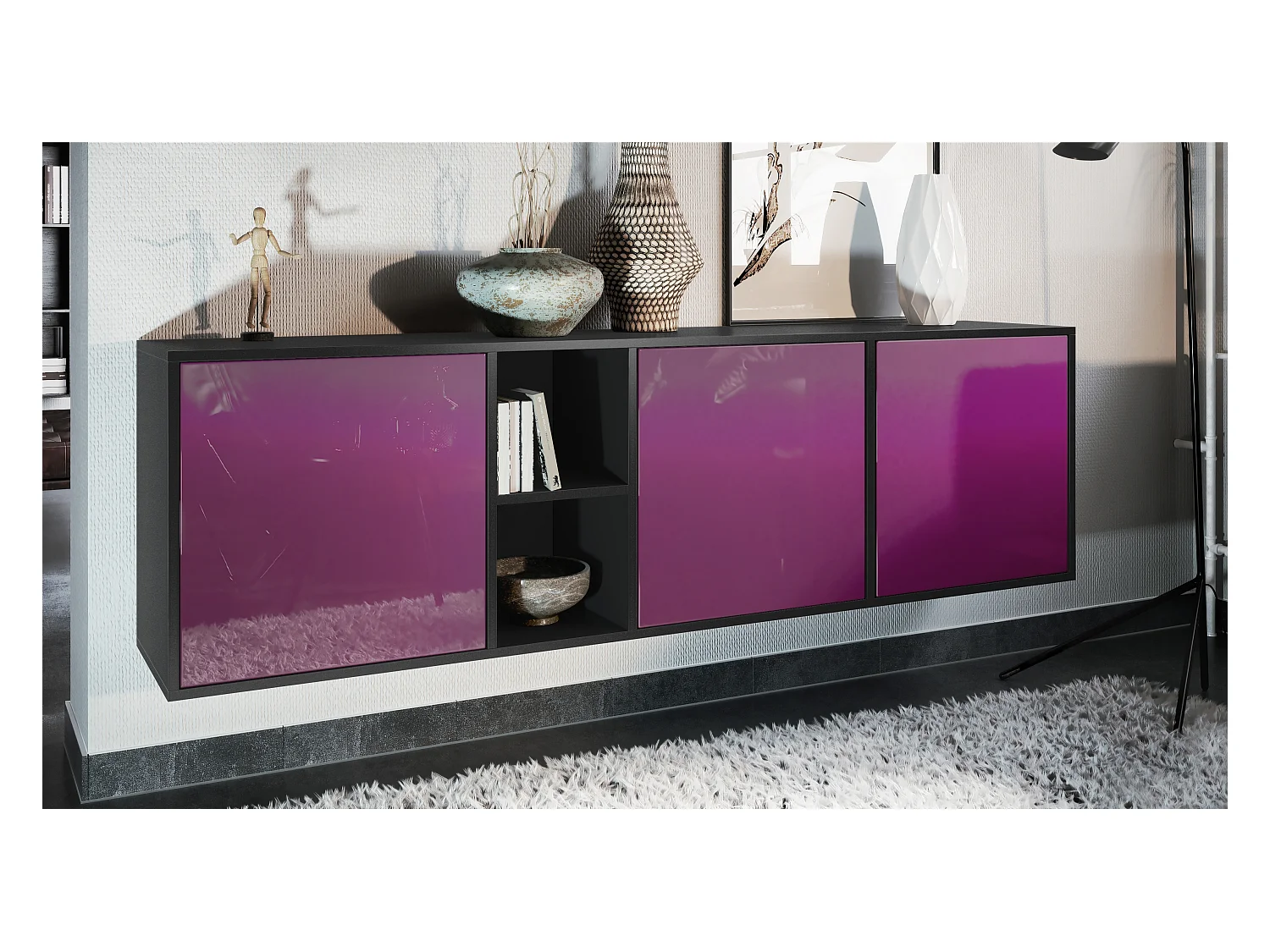 Commode Cuba - noir mat/mûre haute brillance - Buffet moderne pour votre salon - (LxHxP) 182x53x35 cm