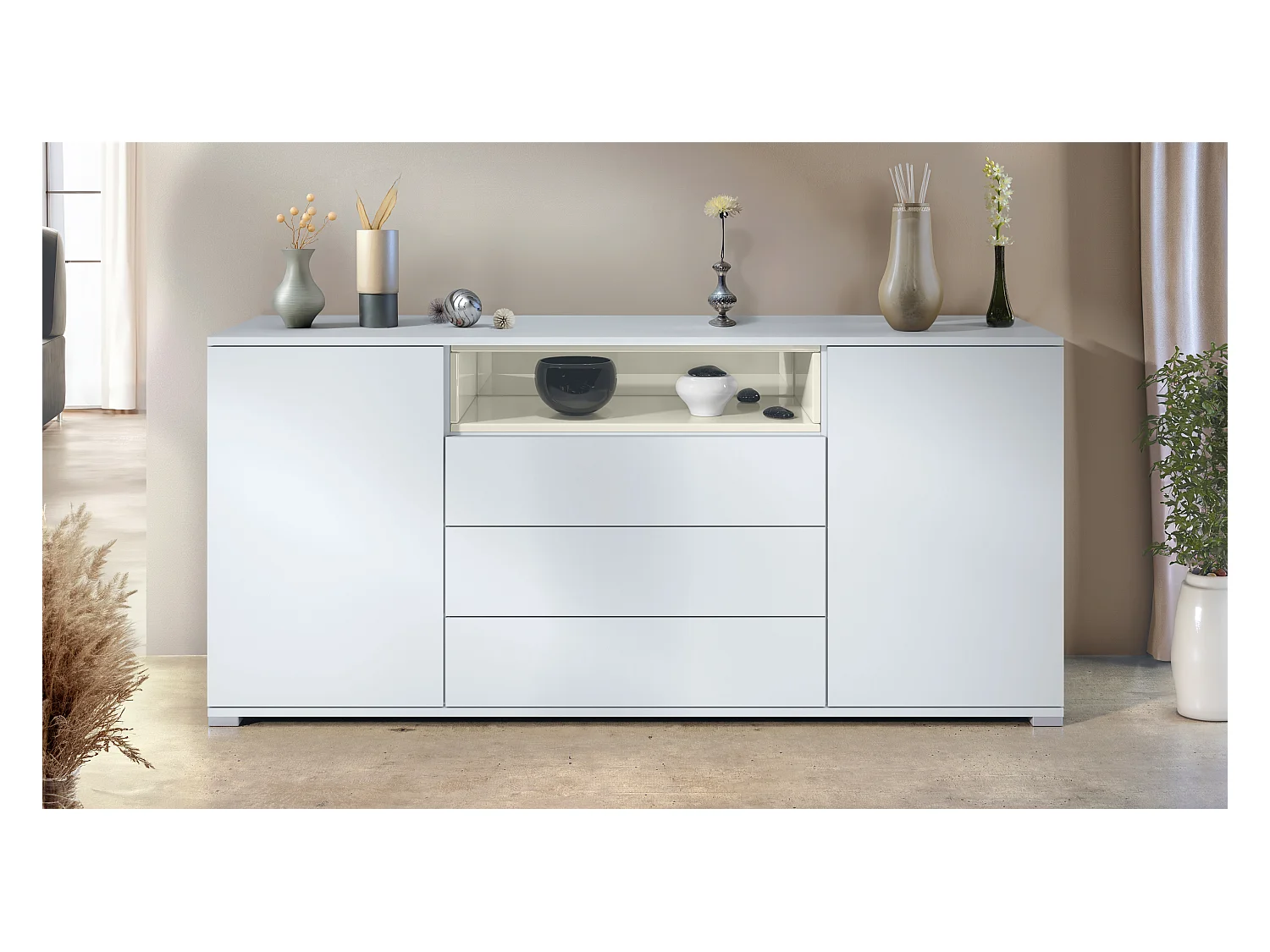 Skadu V4 Buffet, Commode avec 2 portes, 3 tiroirs et 1 compartiment ouvert, blanc mat/crème haute brillance (166,5 x 75,5 x 35 cm)