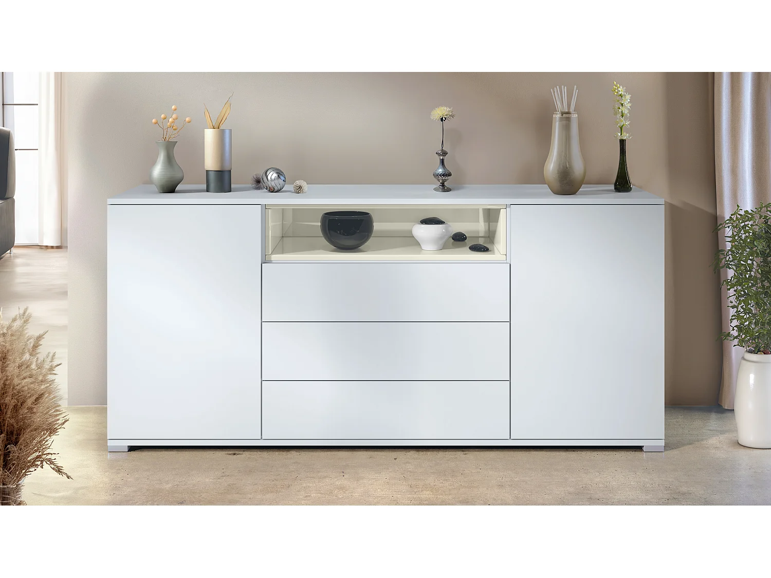 Skadu V4 Buffet, Commode avec 2 portes, 3 tiroirs et 1 compartiment ouvert, blanc mat/crème haute brillance (166,5 x 75,5 x 35 cm)