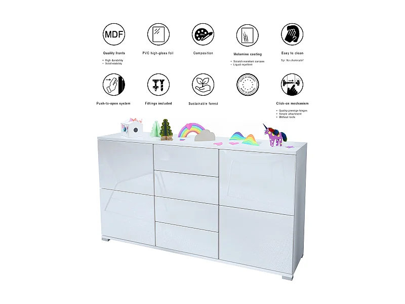 Buffet Rova V1 – Meuble avec 4 Portes et 4 Tiroirs, blanc mat/anthracite mat (138,5 x 75,5 x 35)