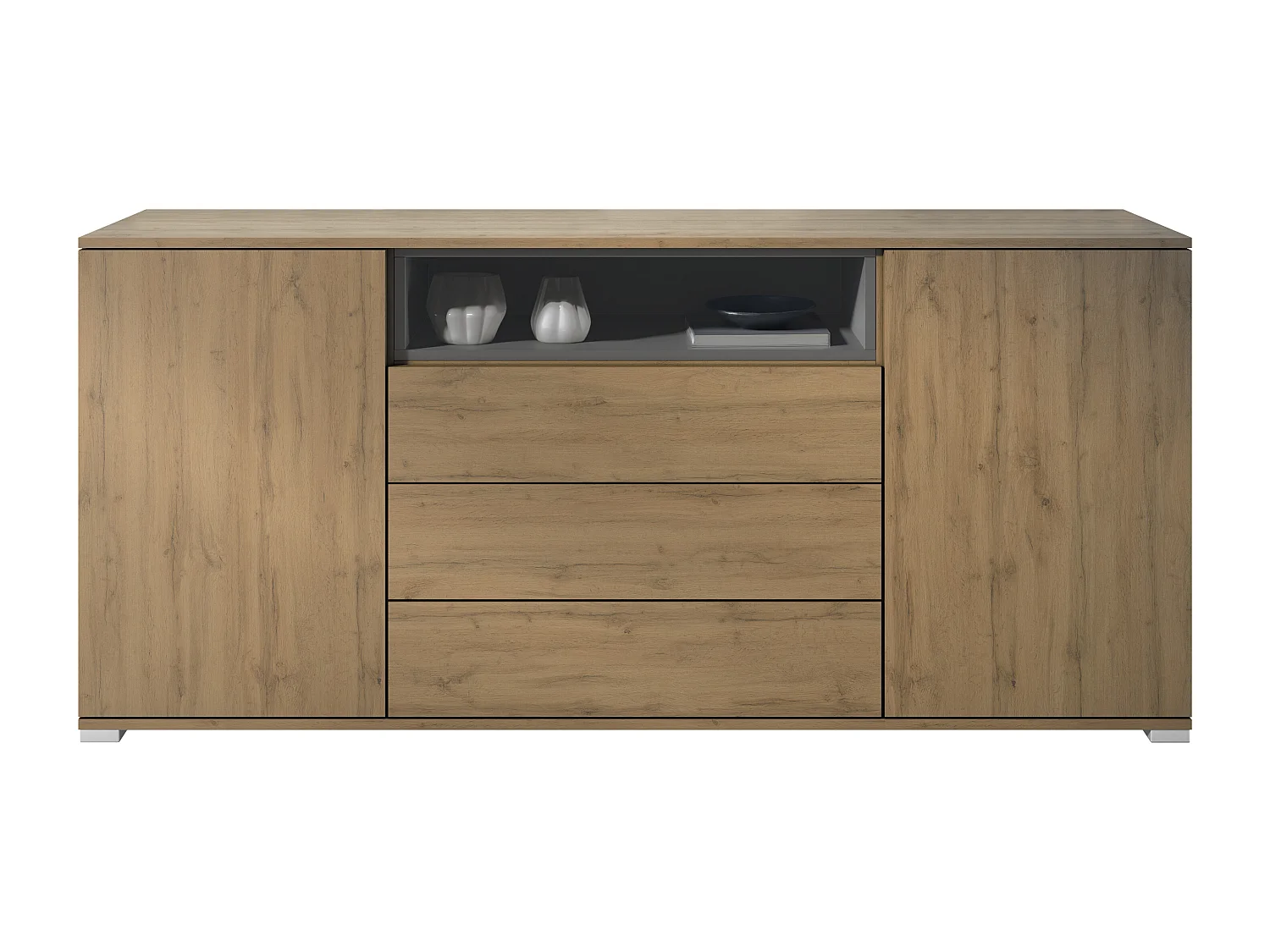 Skadu V4 Buffet, Commode avec 2 portes, 3 tiroirs et 1 compartiment ouvert, Chêne Evoke/anthracite mat (166,5 x 75,5 x 35 cm)
