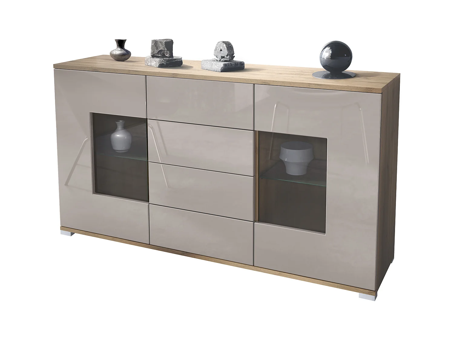Buffet Grömitz V1 – Meuble avec 2 Grandes Portes et 4 Tiroirs, Chêne Evoke/gris sable haute brillance (138,5 x 75,5 x 35)