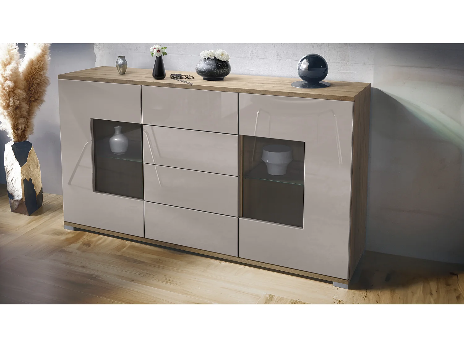 Credenza Grömitz V1 – Mobile con 2 Grandi Ante e 4 Cassetti, Quercia Evoca/grigio sabbia lucido (138,5 x 75,5 x 35)