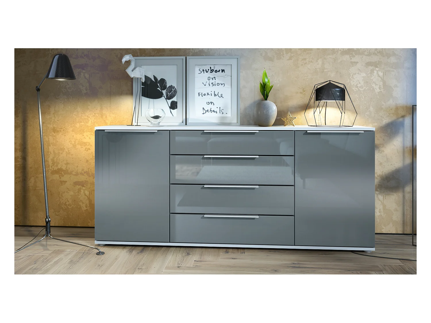 Buffet Linio V2 – Commode moderne avec 2 portes et 4 tiroirs, blanc mat/gris haute brillance, 166,5 x 75,5 x 35 cm (L x H x P) – Meuble de rangement bahut