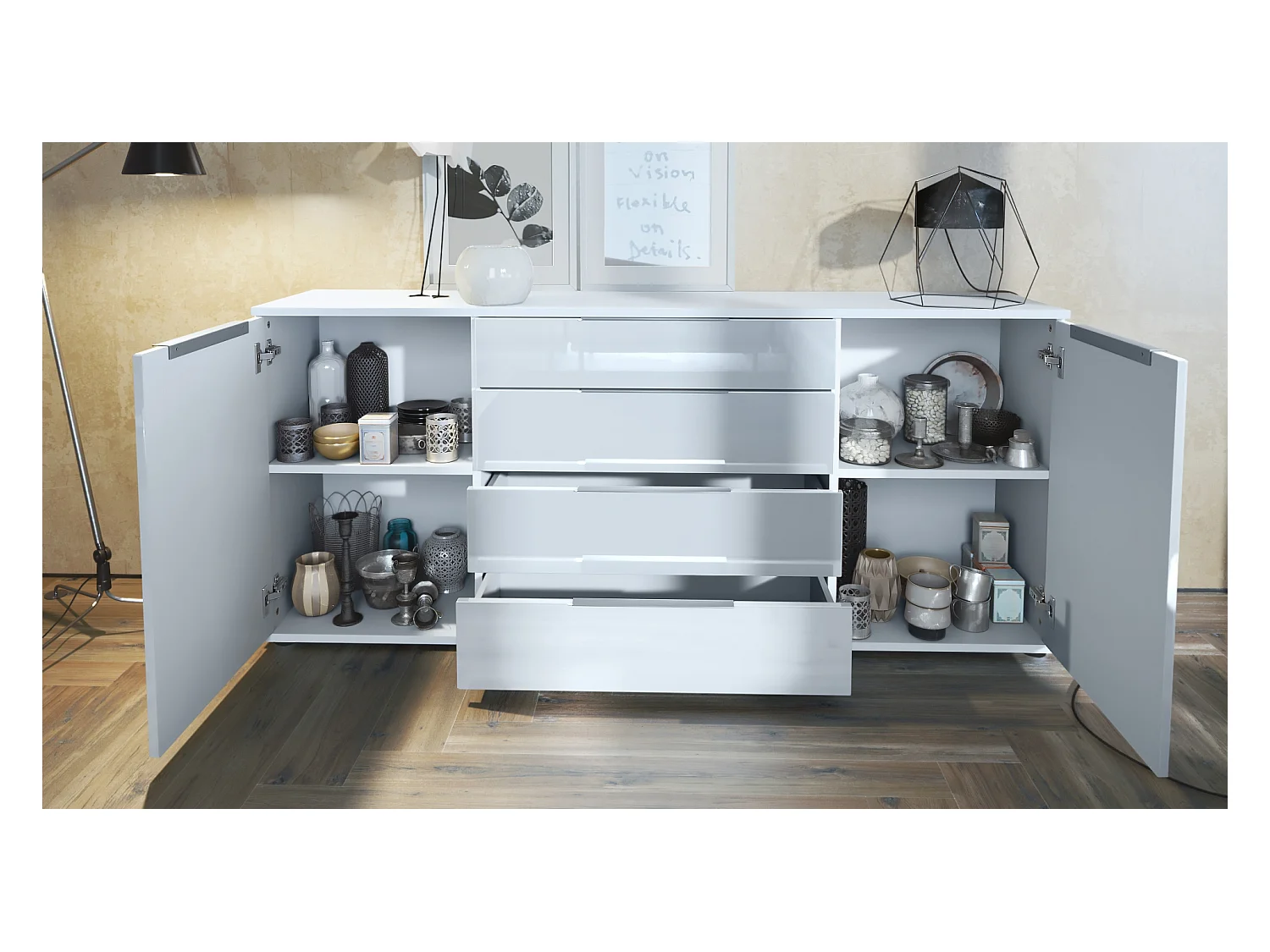 Buffet Linio V2 – Commode moderne avec 2 portes et 4 tiroirs, blanc mat/gris haute brillance, 166,5 x 75,5 x 35 cm (L x H x P) – Meuble de rangement bahut