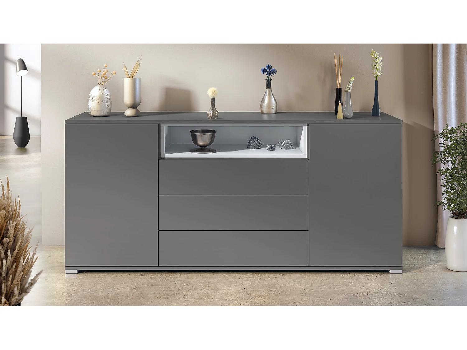 Skadu V4 Buffet, Commode avec 2 portes, 3 tiroirs et 1 compartiment ouvert, anthracite mat/blanc mat (166,5 x 75,5 x 35 cm)