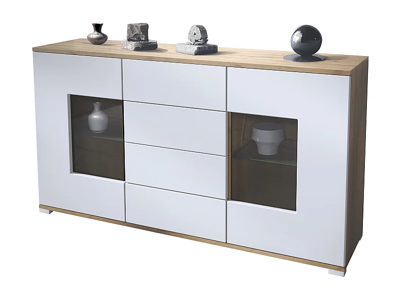 Buffet Grömitz V1 – Meuble avec 2 Grandes Portes et 4 Tiroirs, Chêne Evoke/blanc mat (138,5 x 75,5 x 35)