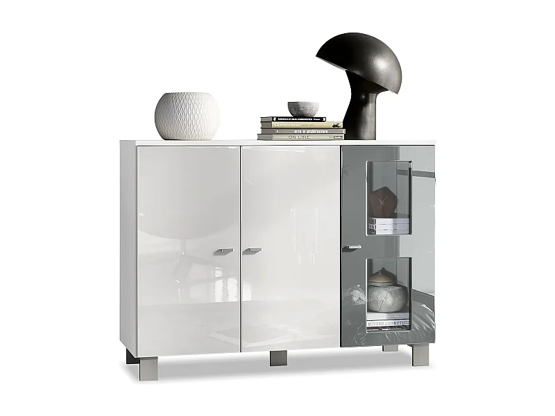 Buffet Denjo, Commode avec 3 portes, Blanc mat/Blanc haute brillance/Gris haute brillance (107 x 81 x 35 cm)