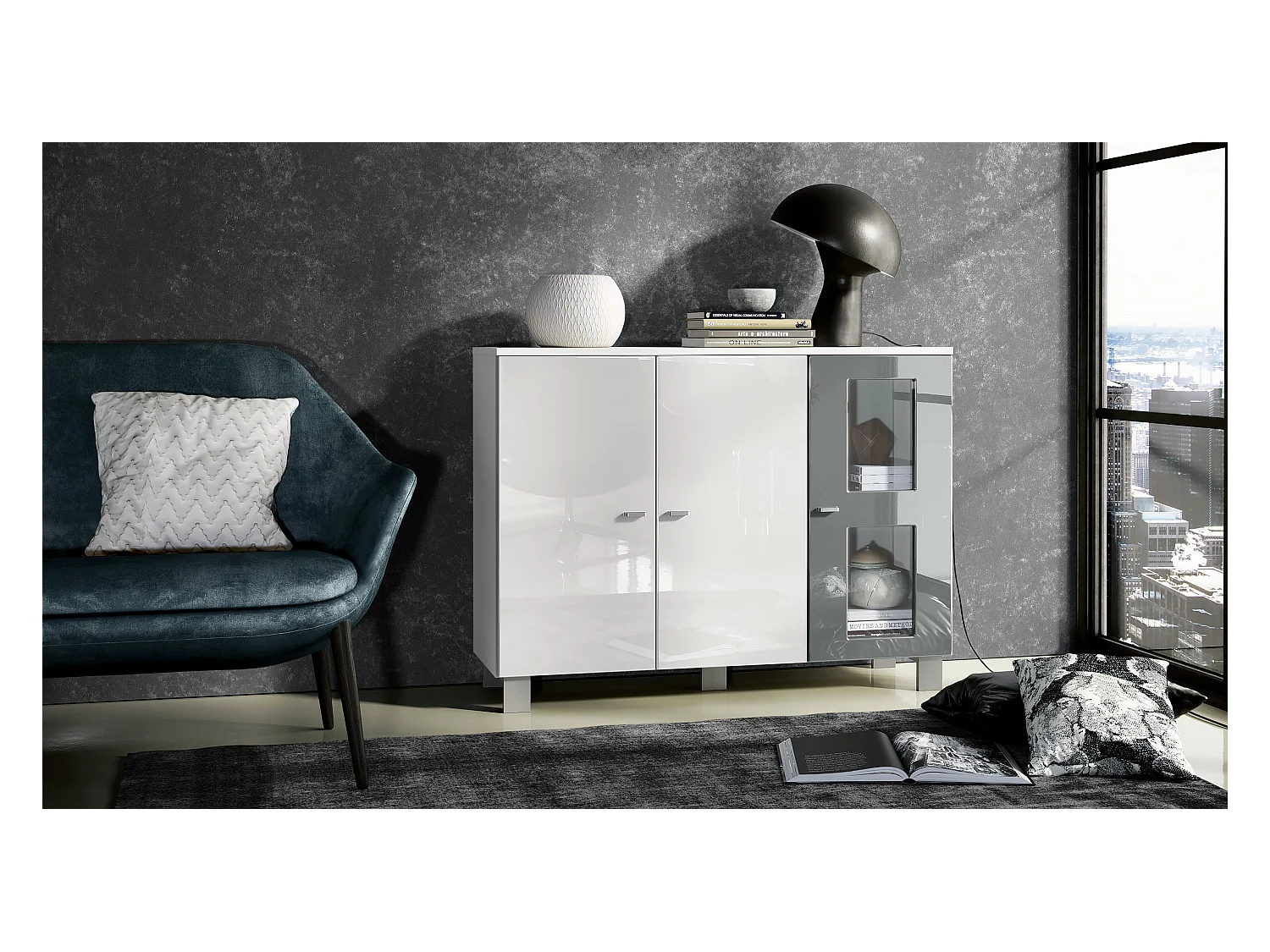 Buffet Denjo, Commode avec 3 portes, Blanc mat/Blanc haute brillance/Gris haute brillance (107 x 81 x 35 cm)