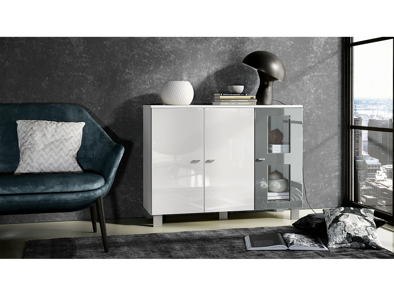 Credenza  Denjo, Mobile a 3 ante, Bianco opaco/Bianco lucido/Grigio lucido (107 x 81 x 35 cm)