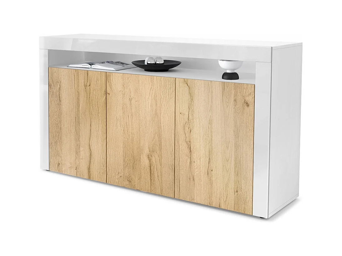 Buffet Valencia, Commode avec 3 portes et 1 compartiment ouvert, Blanc mat/chêne nature/blanc haute brillance (155 x 92 x 40 cm)
