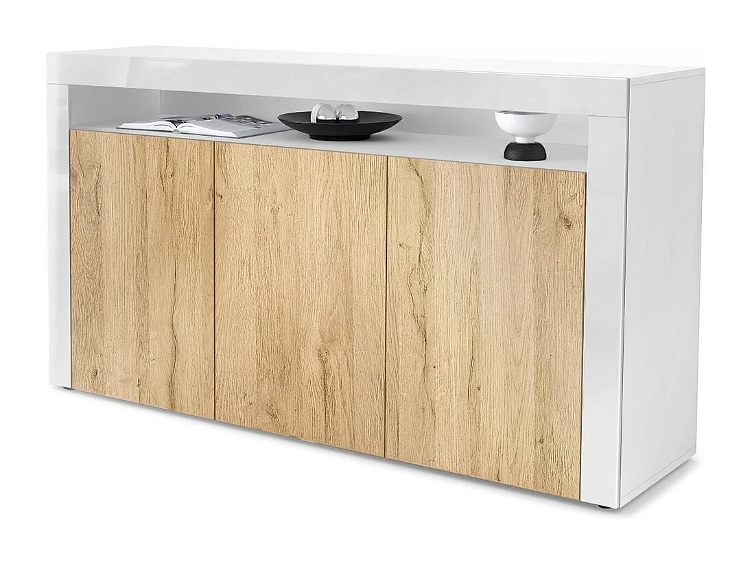 Madia  Valencia, mobile a 3 ante e 1 scomparto aperto, bianco opaco/rovere naturale/bianco lucido (155 x 92 x 40 cm)