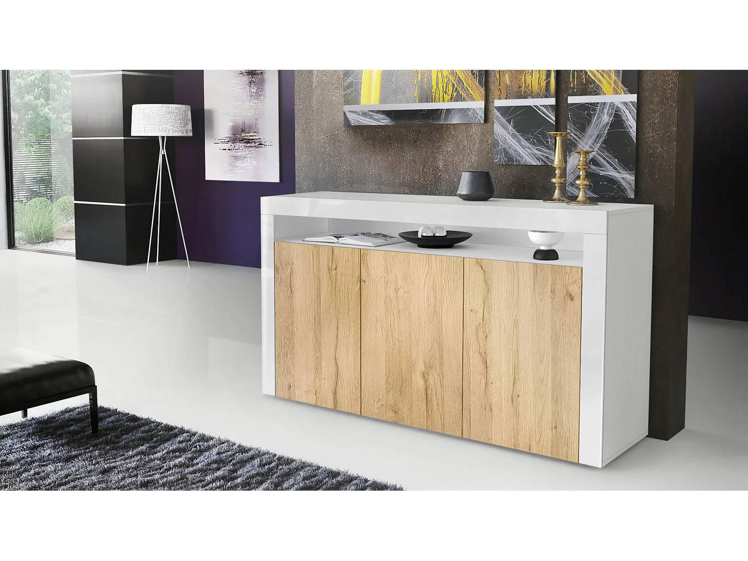 Buffet Valencia, Commode avec 3 portes et 1 compartiment ouvert, Blanc mat/chêne nature/blanc haute brillance (155 x 92 x 40 cm)