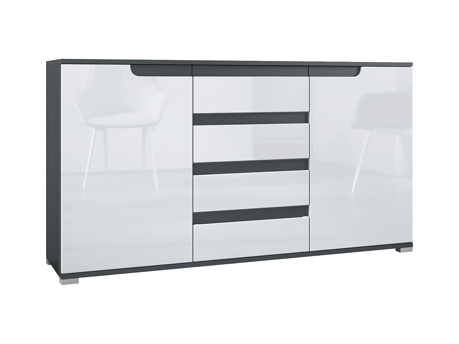 Aparador Cómoda Sylt , cuerpo en negro mate / Frente en blanco de alto brillo con molduras en antracita mate (139 x 72 x 35)