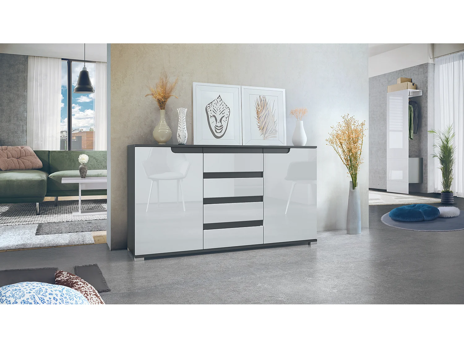 SIDEBOARD Sylt Weiß Hochglanz / Anthrazit matt