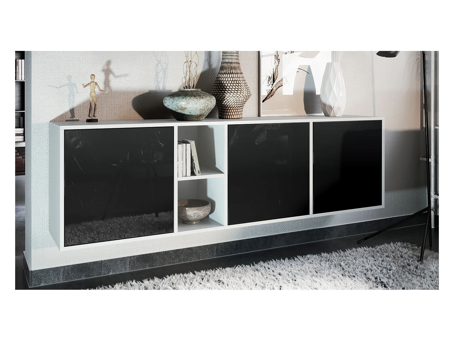 Commode Cuba - blanc mat/noir haute brillance - Buffet moderne pour votre salon - (LxHxP) 182x53x35 cm