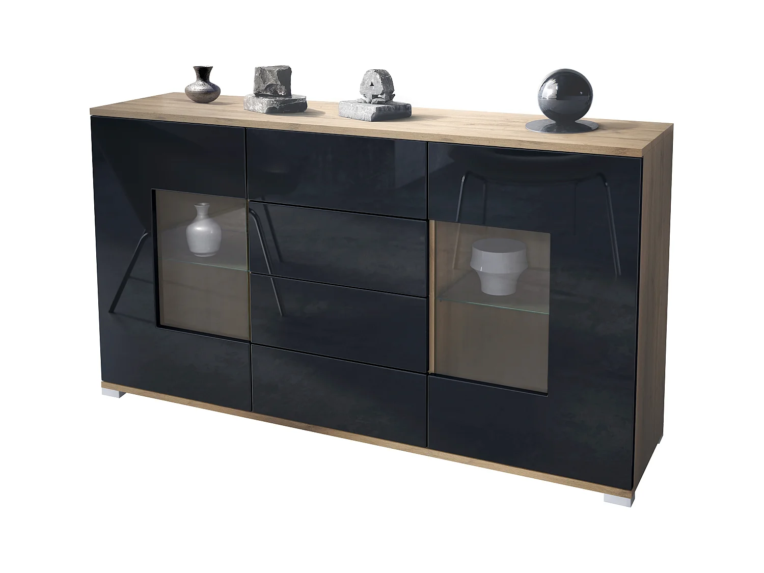 Buffet Grömitz V1 – Meuble avec 2 Grandes Portes et 4 Tiroirs, Chêne Evoke/noir haute brillance (138,5 x 75,5 x 35)