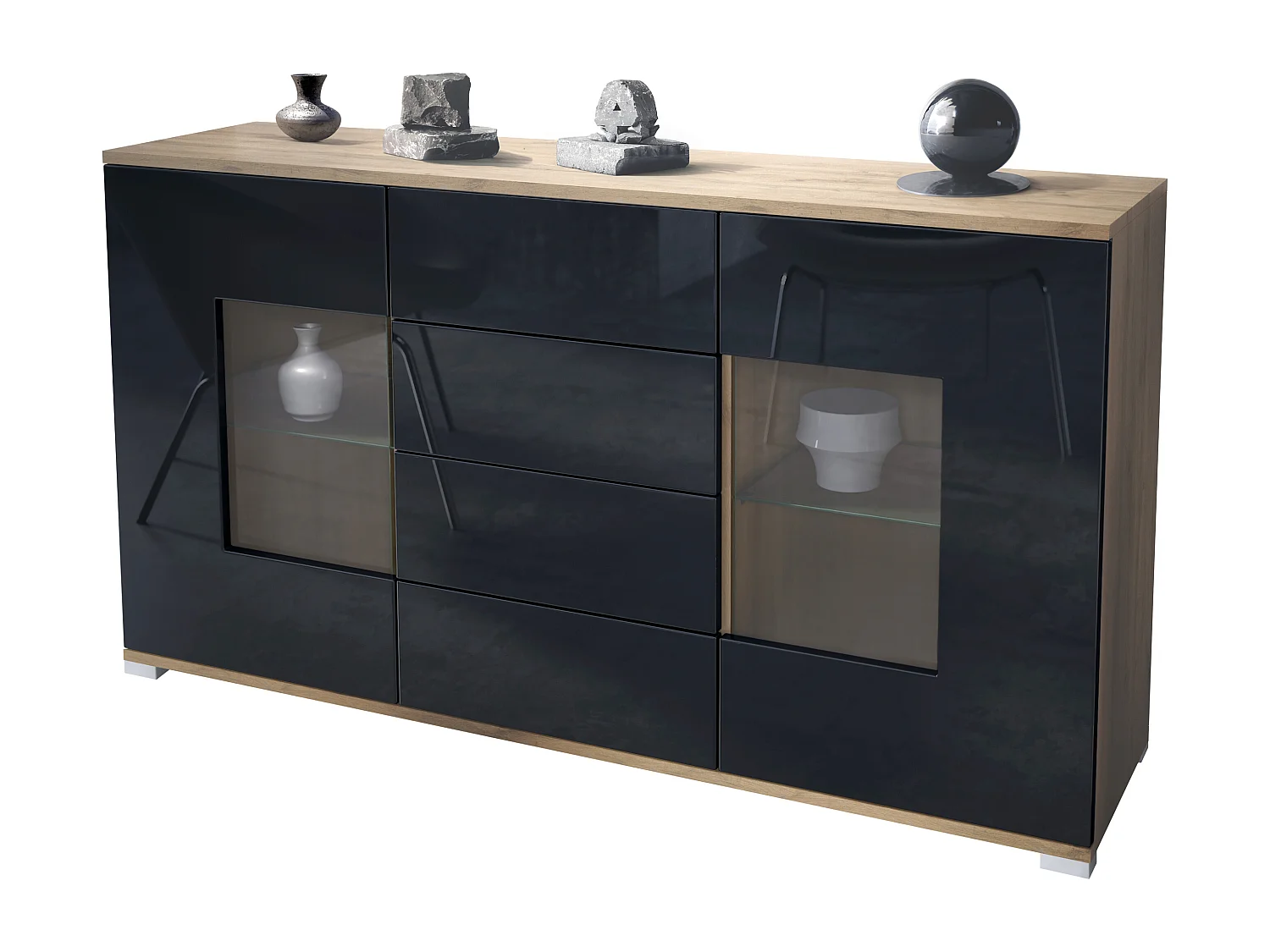 Credenza Grömitz V1 – Mobile con 2 Grandi Ante e 4 Cassetti, Quercia Evoca/nero lucido (138,5 x 75,5 x 35)