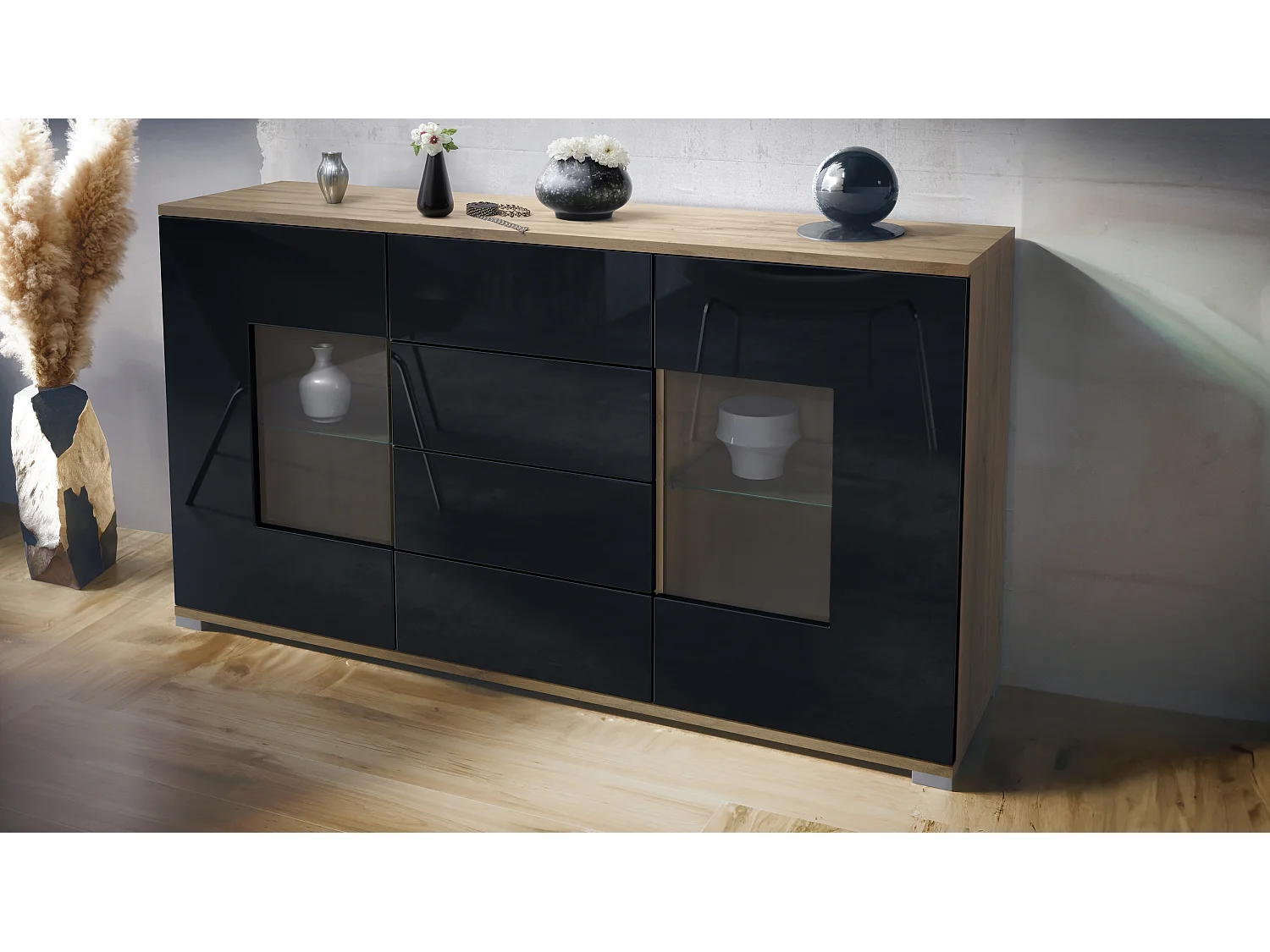 Credenza Grömitz V1 – Mobile con 2 Grandi Ante e 4 Cassetti, Quercia Evoca/nero lucido (138,5 x 75,5 x 35)