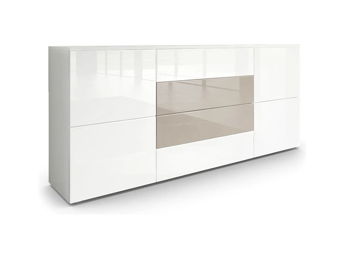 Madia  Rova, Mobile con 4 ante e 4 cassetti, Bianco opaco/Bianco lucido/Sabbia lucido (166 x 72 x 35 cm)