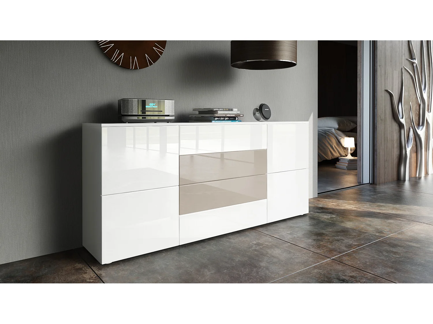 SIDEBOARD Rova Weiß Hochglanz / Sandgrau Hochglanz