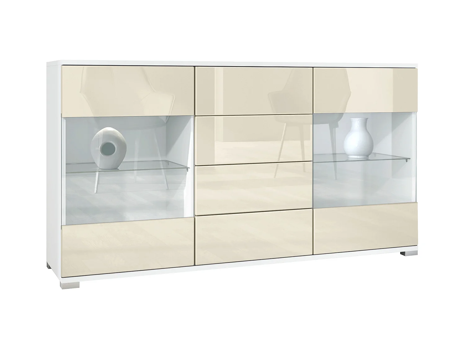 Buffet Bari V1 – Meuble avec 2 Grandes Portes et 4 Tiroirs, blanc mat/crème haute brillance (138,5 x 75,5 x 35)